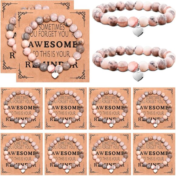 12 Pcs Pink Natural Stone Employee Appreciation Bracelets with Inspirational Car